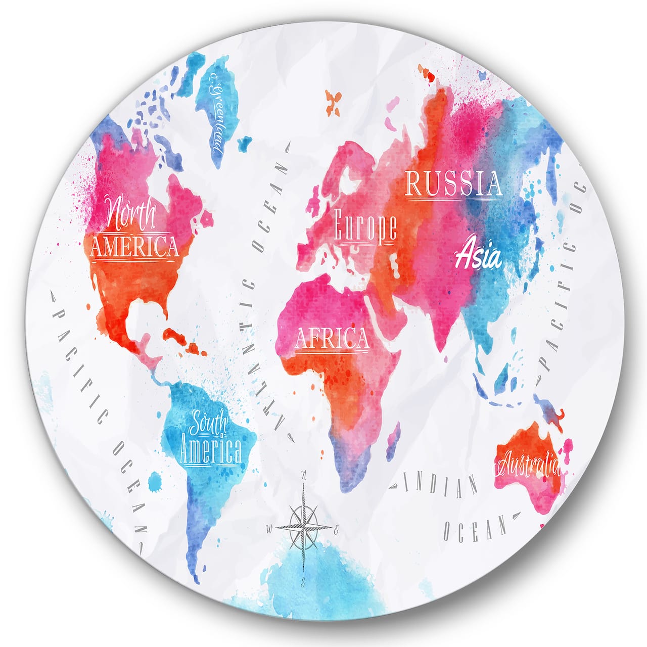 Designart - World Map In Pink and Blue - Modern Metal Circle Wall Art